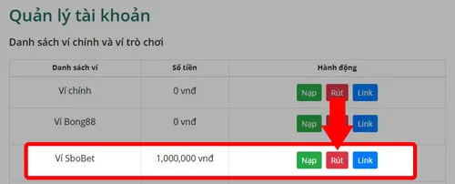 Click Rút tại ví Sbobet