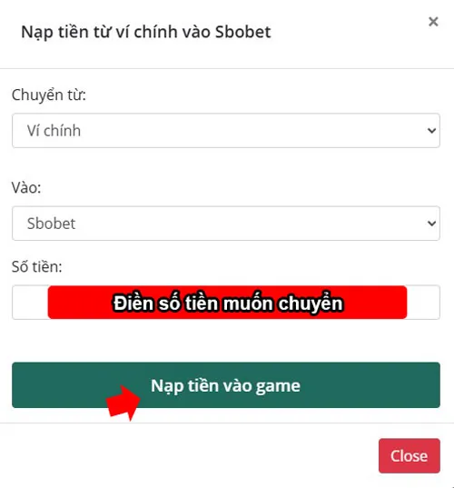 Điền số tiền muốn chuyển từ ví chính sang ví Sbobet
