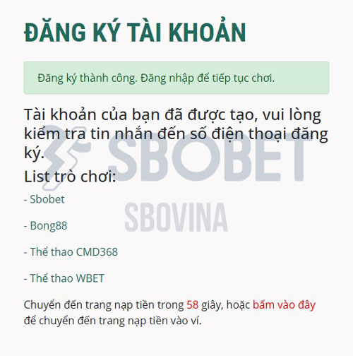 Đăng ký SBOBET - SBOTOP thành công