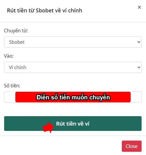 Điền số tiền muốn chuyển từ ví Sbobet sang ví chính