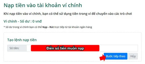 Điền số tiền muốn nạp vào ví chính