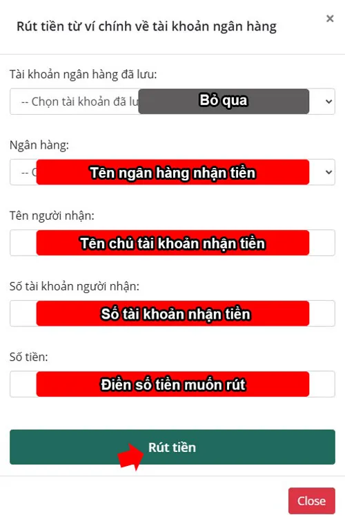 Điền thông tin tài khoản ngân hàng nhận tiền